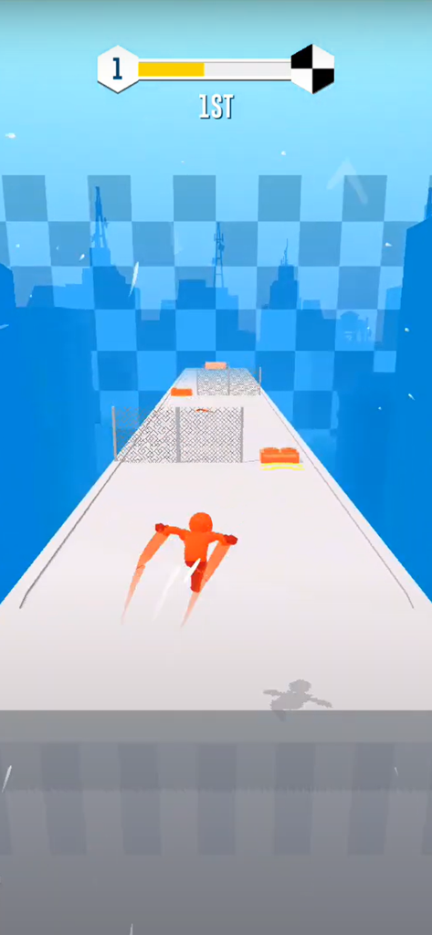 Parkour Race - Freerun Game - 주황색 캐릭터가 파쿠르 레이스의 파란 도시 스카이라인을 배경으로 하얀 옥상 트랙을 질주하고 있습니다.