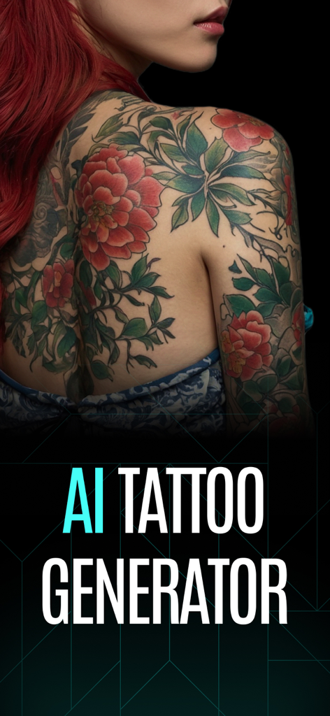 Tattoo AI Design Generator－Ink - Eine Frau mit roten Haaren und einem detaillierten roten Blumen-Tattoo auf Schulter und Arm