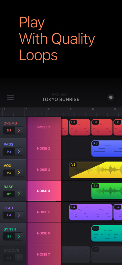 Music Making Studio • Sampler - Interface de produção musical multipista no aplicativo Music Making Studio com loops de áudio coloridos