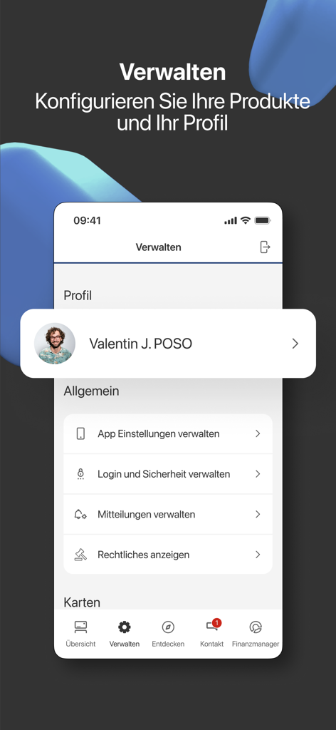 Menú de perfil y configuración general en la App de Banca Online POSO que muestra opciones de seguridad y notificaciones.