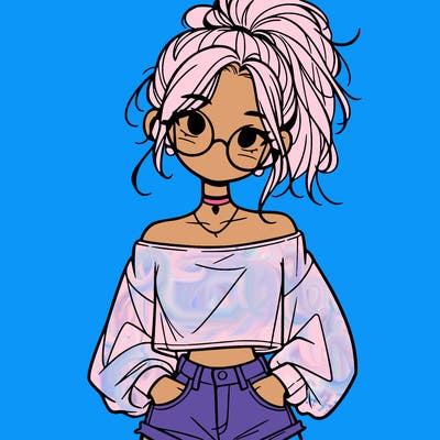 girl with a messy ponytail glasses a baggy crop top and jean shorts
