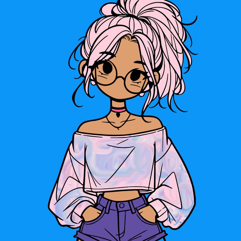 girl with a messy ponytail glasses a baggy crop top and jean shorts