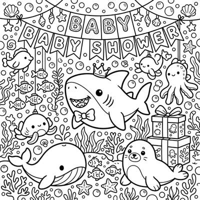 Get ready for an adorable underwater celebration with this Megalodon Baby Shower coloring page! Featuring a charming baby shark prince and his sweet ocean friends, it's perfect for welcoming a new little one.