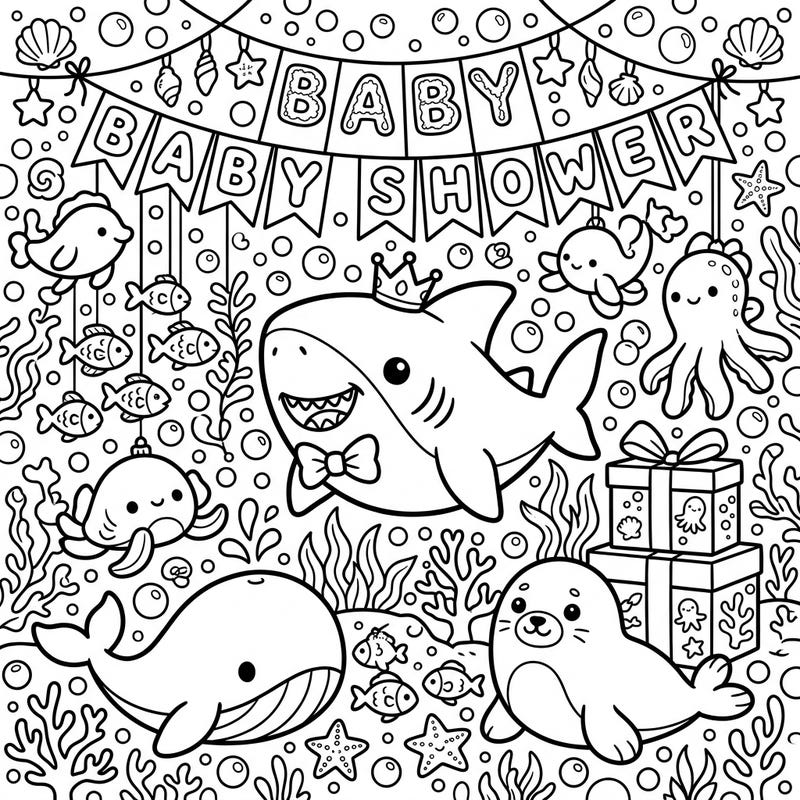 Get ready for an adorable underwater celebration with this Megalodon Baby Shower coloring page! Featuring a charming baby shark prince and his sweet ocean friends, it's perfect for welcoming a new little one.