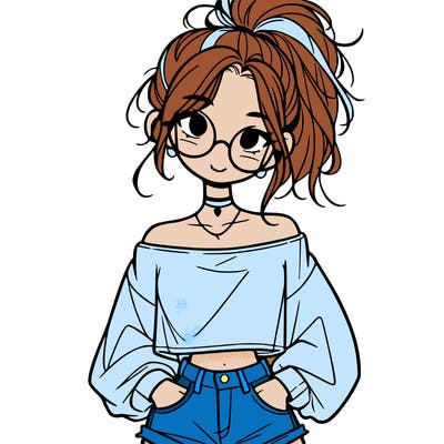 girl with a messy ponytail glasses a baggy crop top and jean shorts