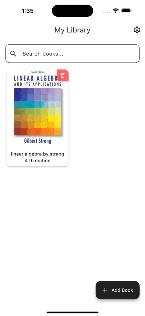 My Library screen in the PDF Voice Reader app showing a textbook cover and a search bar.