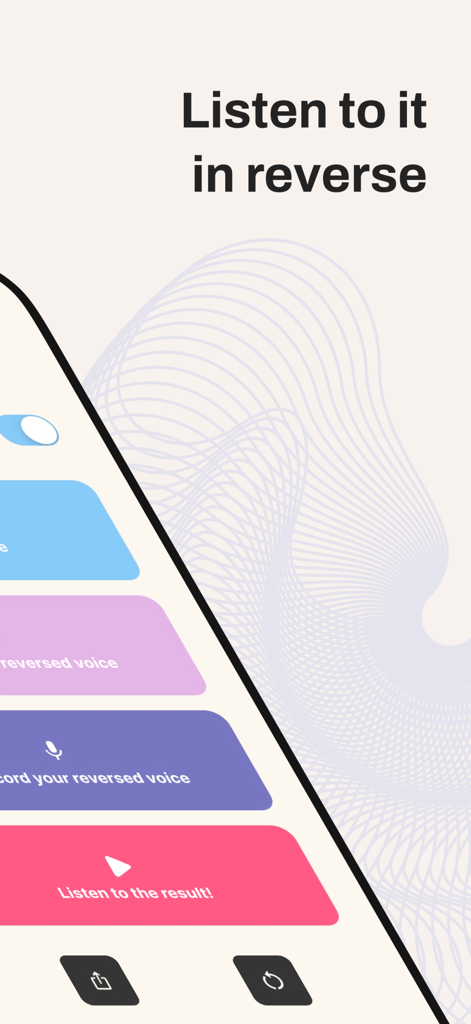Flip Audio - Reverse Voice - Ein Smartphone-Bildschirm, der die Flip Audio App mit der Überschrift Hör es dir rückwärts an und bunten Aktionsschaltflächen zum Aufnehmen und Abspielen anzeigt.