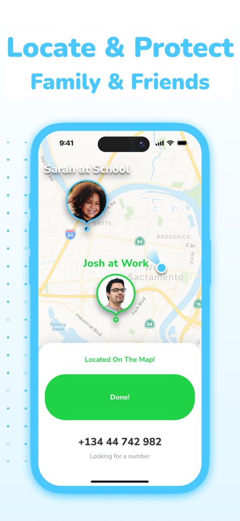 Number Locator: Cell Location - Un smartphone montrant une interface de carte en temps réel avec les localisations des membres de la famille pour l'application Localisateur de numéros