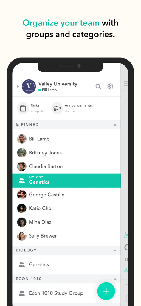 Oberfläche der Pronto-App, die organisierte Studentengruppen und Kategorien für eine Universitätseinstellung zeigt