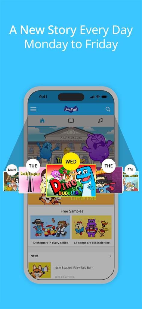 Little Fox English - Little Fox English app screenshot showing a new animated story released every day from Monday to Friday.