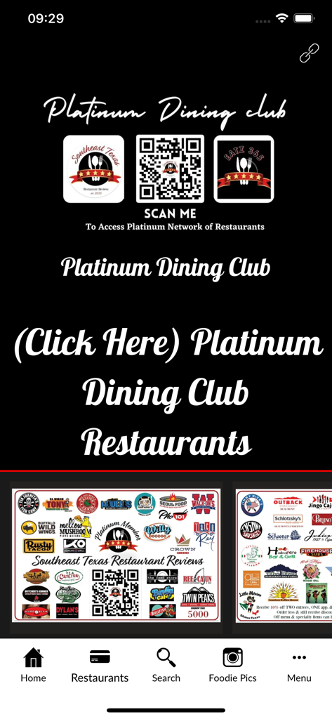 Home screen of the Platinum Dining Club app featuring a network of Southeast Texas restaurants and a member QR code