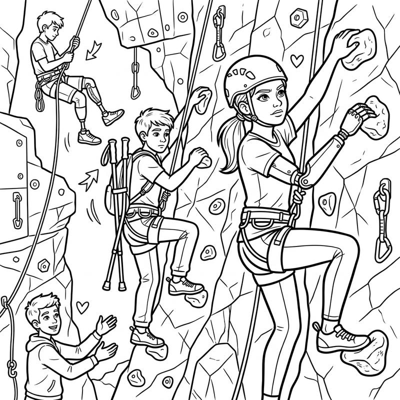 Celebrate strength and determination with this vibrant coloring page featuring young adaptive climbers navigating a rock wall. Kids will love bringing these inspiring athletes and their specialized gear to life with their favorite colors.