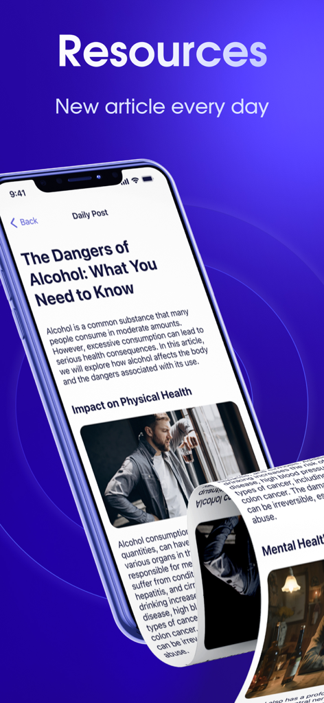 Sober Counter, Alcohol Tracker - Der Ressourcen-Bildschirm der ReSober App zeigt einen täglichen Lernartikel über die gesundheitlichen Auswirkungen von Alkohol.