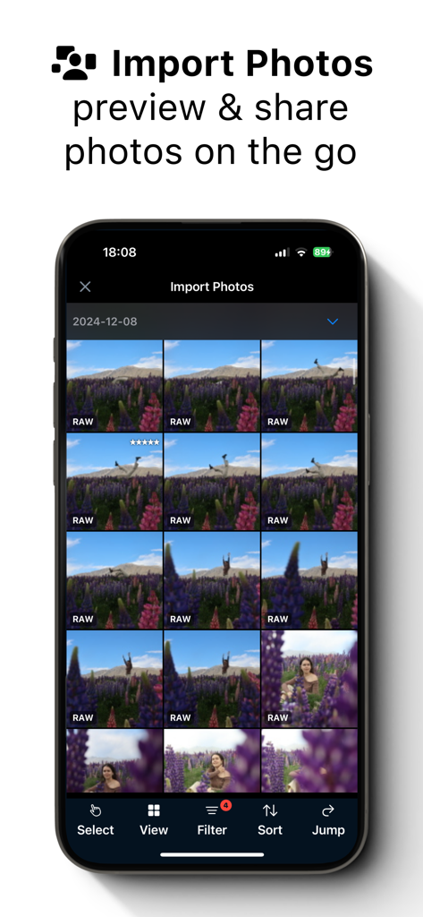 Shutter - Canon Camera Remote - A smartphone displaying a grid of RAW photos for import and preview in the Shutter Canon camera remote app