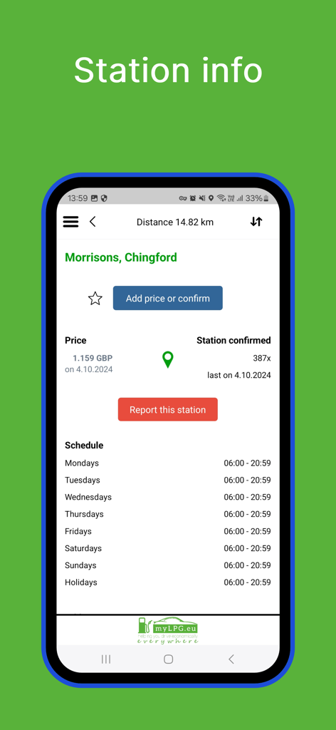 myLPG App-Bildschirm mit Tankstelleninformationen, einschließlich Preis und Öffnungszeiten