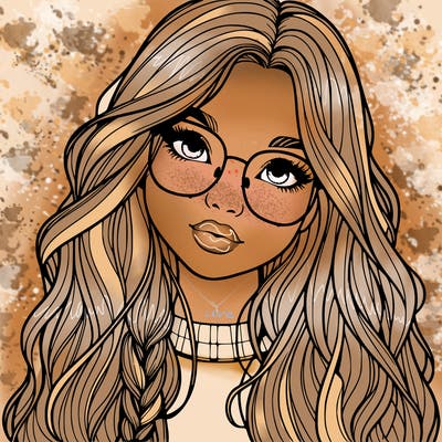 girl with long hair and freckles and glasses realistic