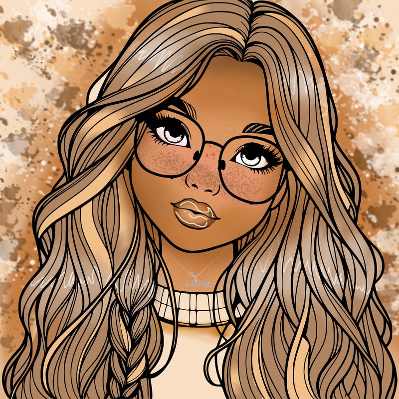 girl with long hair and freckles and glasses realistic