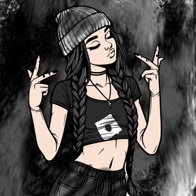 realistic teenage girl with braids and a beanie and crop top doing 🫶🏼