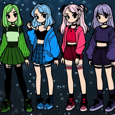 one girl with crop-top shirt and a jacket with a skirt, long socks and another girl with a shirt and pants with a jacket