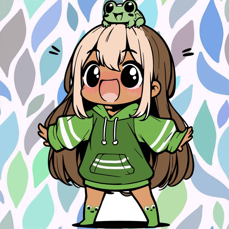 a excited chibi girl whith long hair and a baggy shirt whith a frog on there head