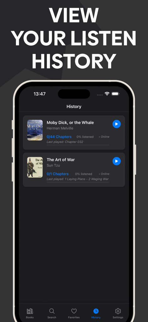 Pantalla de historial de la aplicación Librivox mostrando audiolibros clásicos reproducidos recientemente en modo oscuro