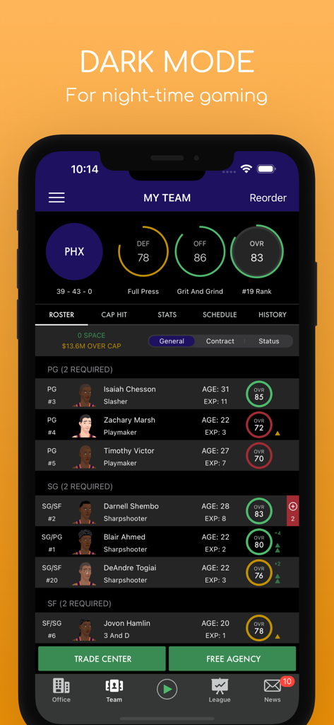 Pocket GM: Basketball Sim - Pocket GM Basketball Sim team roster management screen in dark mode
