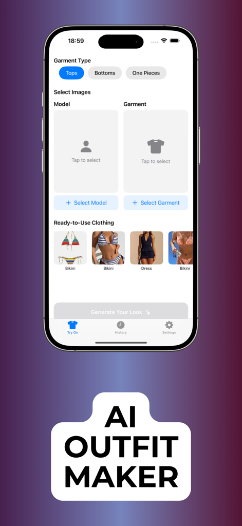 Clothes Changer - AI Generator - Interface of the Cloty AI outfit maker app showing options to select a model and garment for virtual try-on.