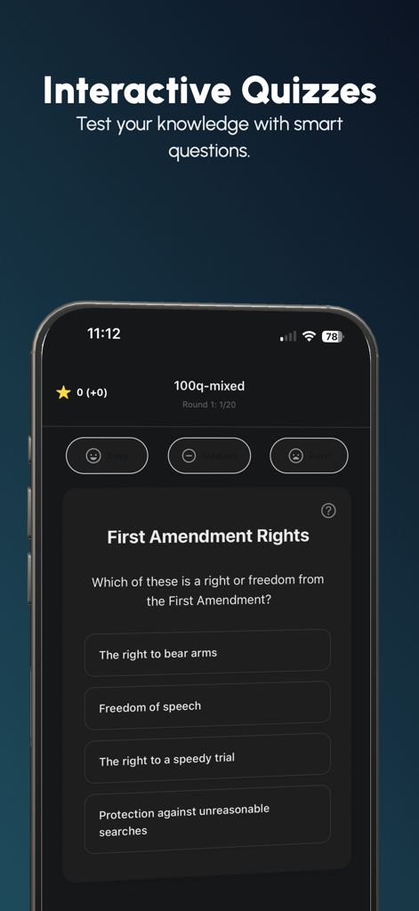 EduSwipe: AI Flashcards & SRS - Interactive quiz interface on EduSwipe app showing a question about First Amendment rights with multiple choice options and difficulty levels.
