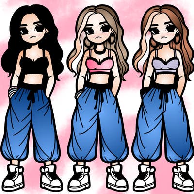 girl in baggy pants crop top and long hair