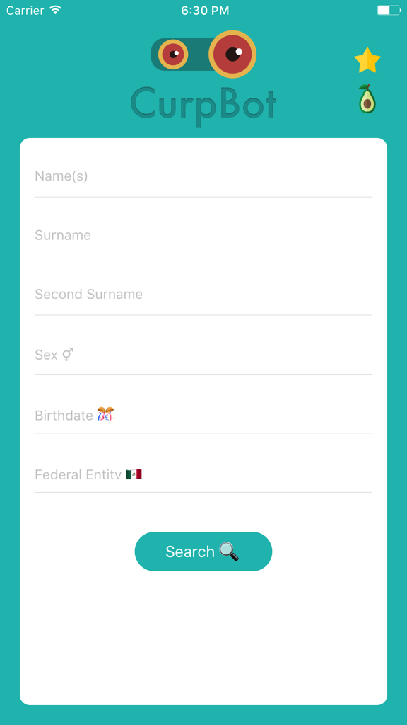 CurpBot - Download your CURP - CurpBot mobile app search screen with fields for Mexican identity registration details