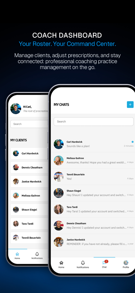 The CoachRx app dashboard displaying a professional fitness coach roster and messaging interface.