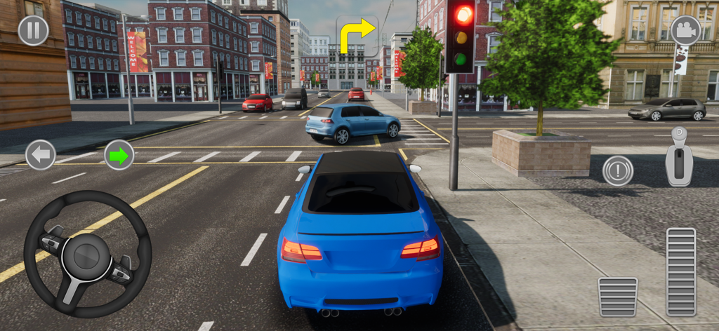 City Car Driving - A blue car driving in a realistic city simulation environment with a red traffic light and steering wheel controls.