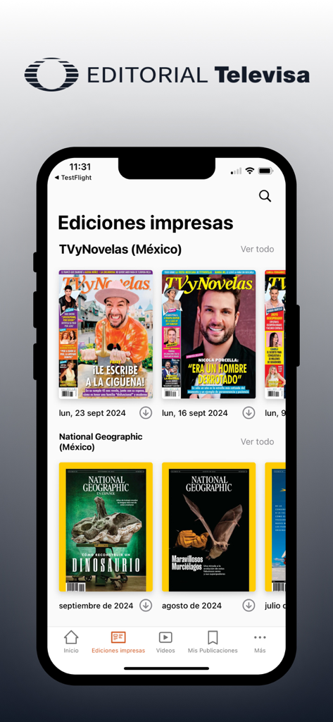Editorial Televisa mobile app displaying a digital newsstand with magazine covers from TVyNovelas and National Geographic