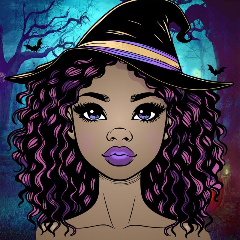 realistic black girl with wavy hair and witch hat and nose and lips