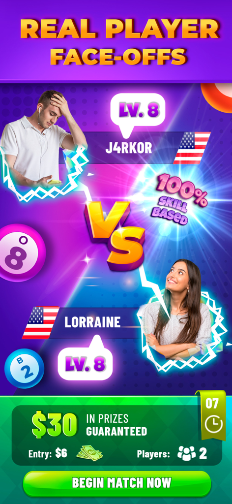 Pantalla de enfrentamiento de jugadores reales en la aplicación Bingo Money mostrando a dos competidores jugando por un premio en efectivo garantizado.
