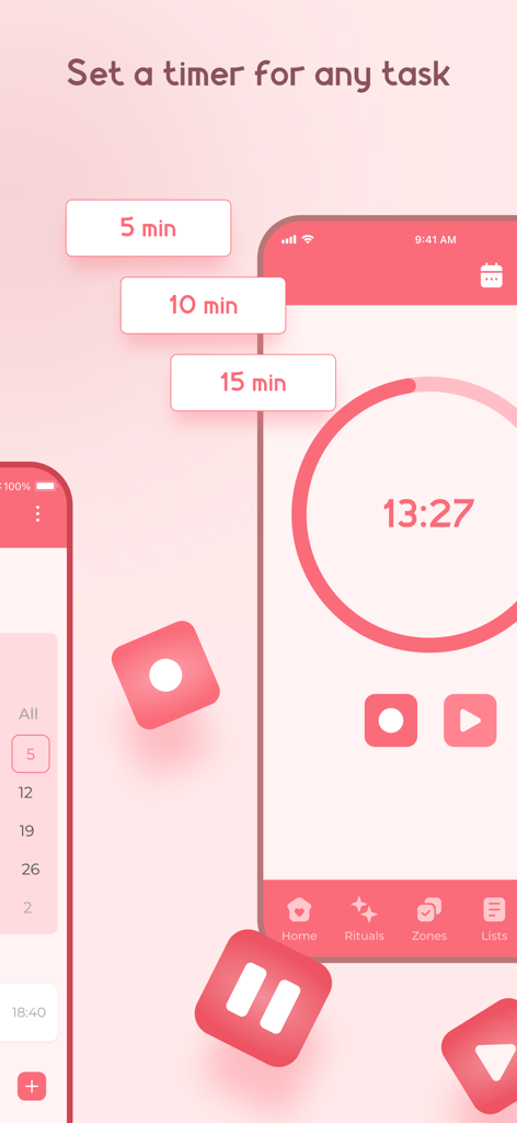 Interface do aplicativo planejador de tarefas LadyFly para definir temporizadores de tarefas com predefinições de 5, 10 e 15 minutos