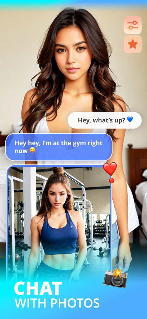 AI Girlfriend Roleplay: AVA - Pantalla de chat de AI Girlfriend AVA mostrando conversación e intercambio de fotos