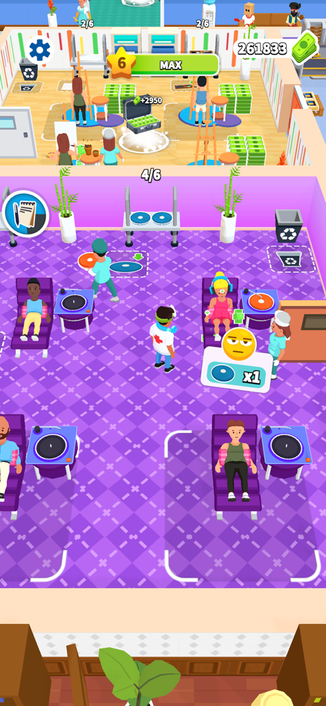 Top-down view of hospital clinic management gameplay in Doctor Hero showing staff treating patients.