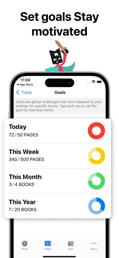 Leio - Leio app goals screen showing reading progress for daily pages and yearly books with status rings