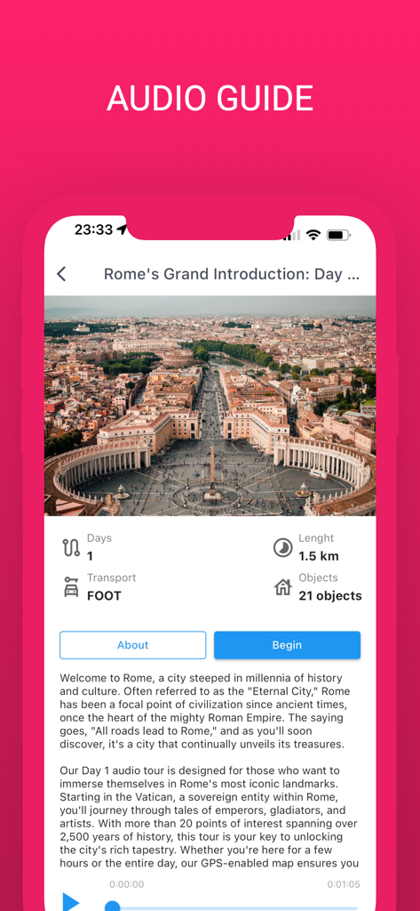 Rome Walks - Offline Guide - Mobile app interface of Rome Walks showing a Vatican walking tour with audio guide details and a photo of St Peters Square