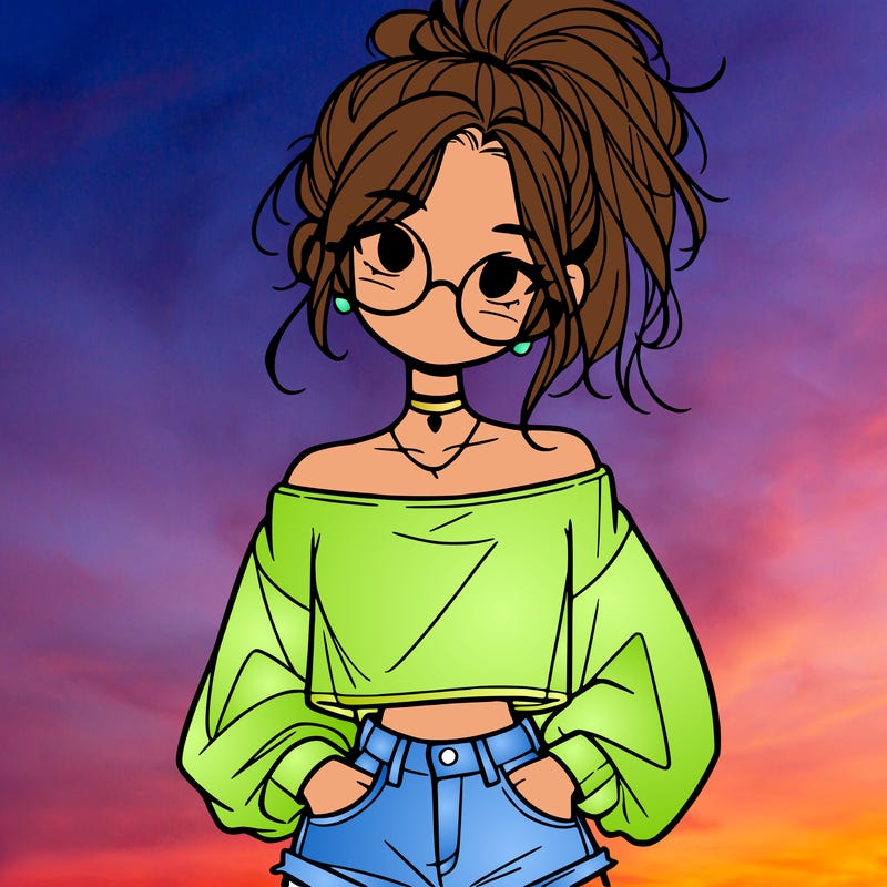 girl with a messy ponytail glasses a baggy crop top and jean shorts