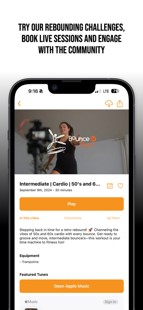 Interfaz de la aplicación Bounce N' Burn mostrando una sesión de ejercicio de rebote con botón de reproducción e información del equipo