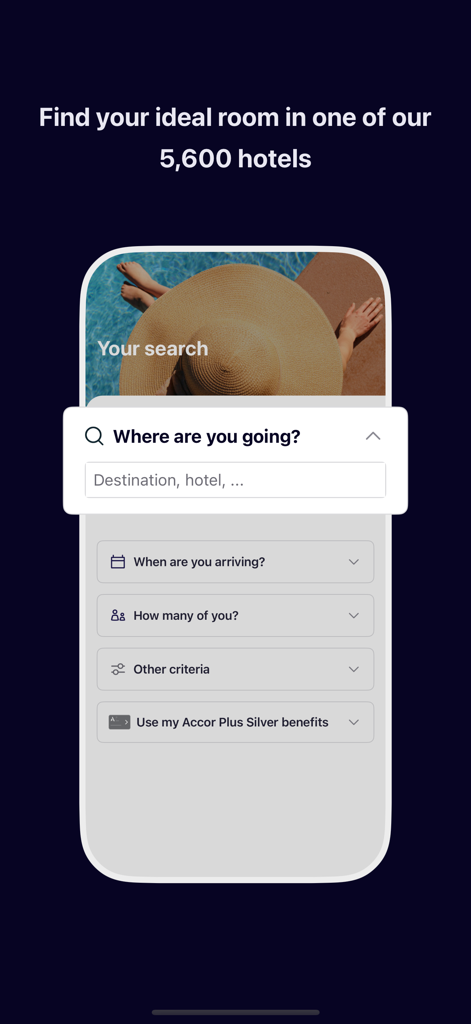 ALL Accor app search screen with destination and booking filter options