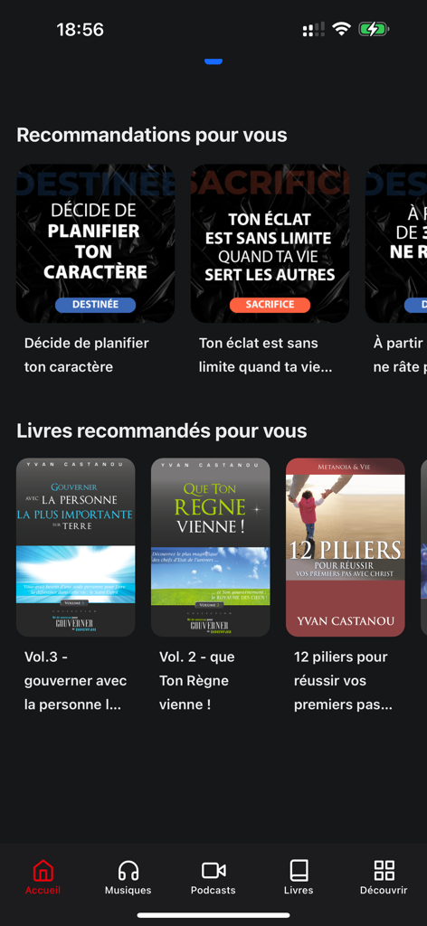 ImpactX - Pantalla de inicio de la aplicación móvil ImpactX que muestra libros recomendados y podcasts motivacionales de Yvan Castanou