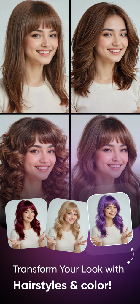 Hair Color Changer : AI Hair - Transformación virtual de cabello que muestra diferentes estilos y colores en el rostro de una mujer usando IA.