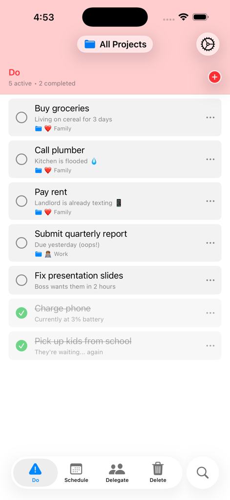 (nothing) To Do - Minimalistische Aufgabenlistenoberfläche der nothing To Do-App, die dringende und wichtige Aufgaben anzeigt
