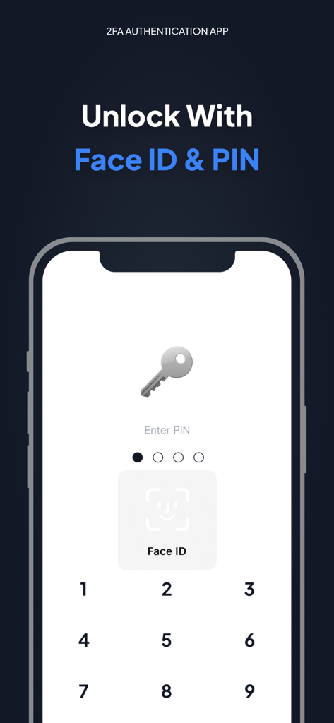 Tela de desbloqueio do aplicativo autenticador com opções de segurança Face ID e PIN.