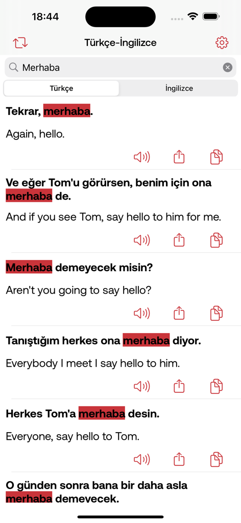 Mobile app interface showing Turkish to English sentence translations for the word Merhaba.