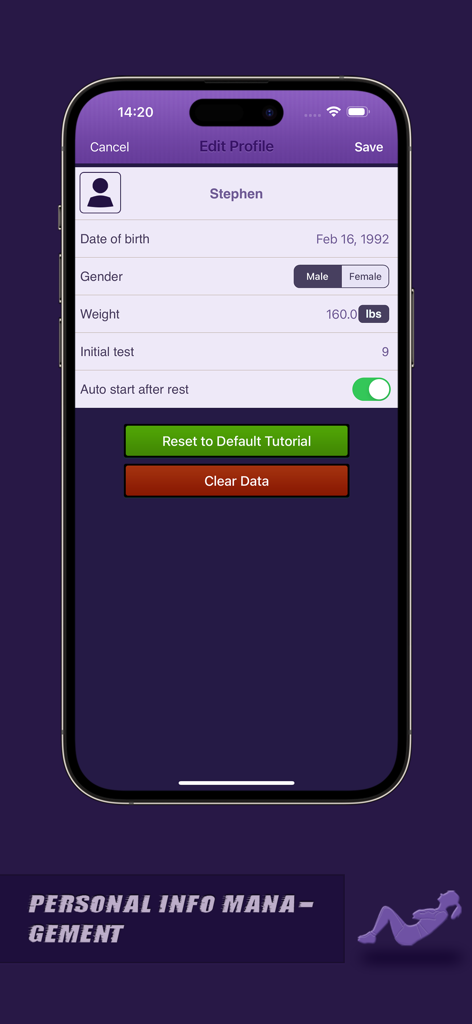 Situps Coach - Situps Coachアプリの個人情報およびプロファイル設定を管理するための画面