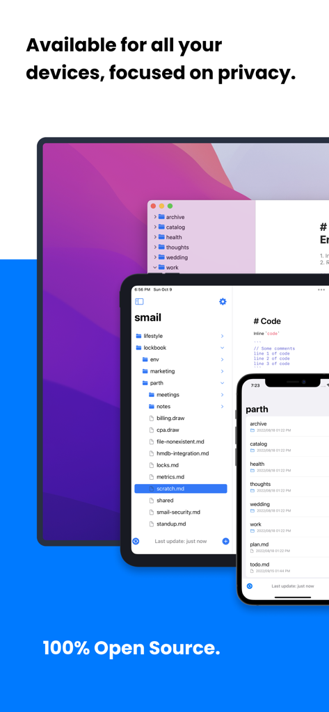 Lockbook - Lockbook Notiz-App angezeigt auf iPhone-, iPad- und Mac-Bildschirmen, die ihre Open-Source- und Datenschutzfunktionen hervorhebt